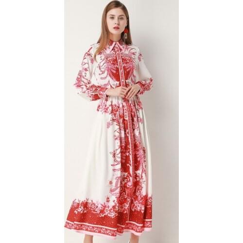 1106 2021 Free Shipping Spring Dress Crew New Long Sleeve White Flora Print Empire Fashion Womens Clothes SH