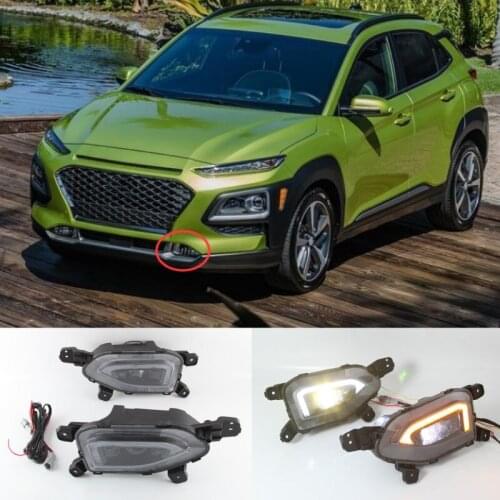 2pcs Car DRL Lamp 12V LED Daytime Running Light For Hyundai Kona 2019 2020 Dynamic Yellow Turn Signal Function