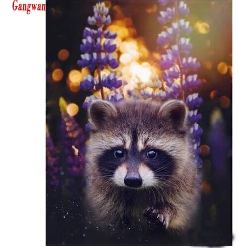 Full square round drill diamond embroidery raccoon flower picture,5d diamond painting cross stitch diamond mosaic animal paint