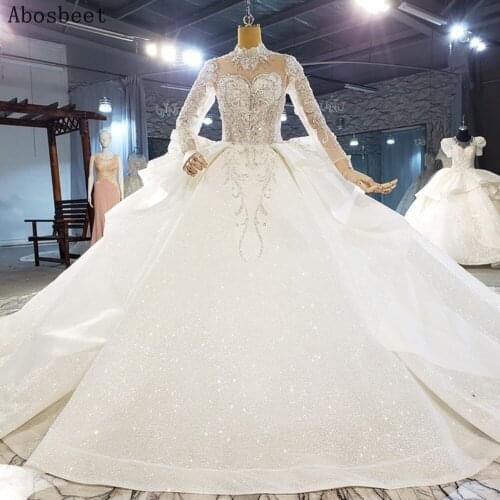 Ball Gown Wedding Dress Long Sleeve with 200CM Tail Plus Size Wedding Gown for Birde Dresses 2021 High Collar Beads Top