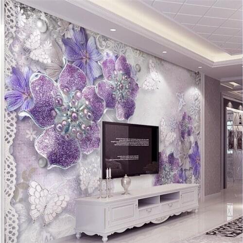 Beibehang 3d Purple Rose Jewelry Butterfly Background Art Mural for Living Room Large wall papers home decor papel wall