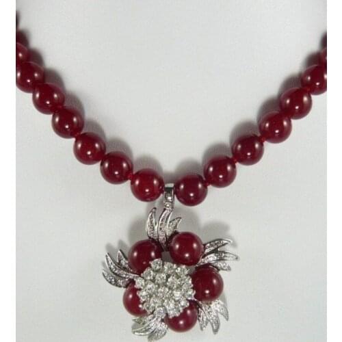 Free shipping fine ladys accesspry red jade inlay Crystal Flower Pendant Necklace