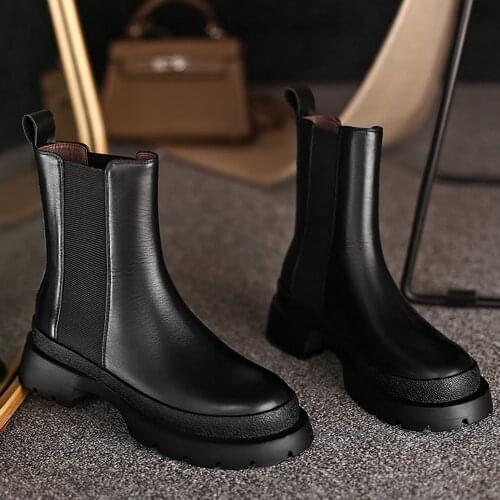 Ankle Boots Shoes Women Non-slip Rubber Sole Black Cow Leather Thick Bottom Autumn Winter Fashion Chelsea Boots Low Heels DX121L