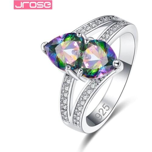 JROSE Silver Color Rainbow Sky Blue Drop AAA Zircon Double Rings for Women Party Fashion Jewelry Bijoux Size 6 7 8 9