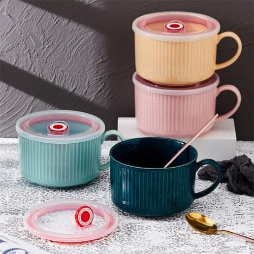 Nordic Ceramic Large Capacity Breakfast Milk Mug Household Instant Noodle Bowl Minimalist Espresso Coffee Oatmeal Cup With Lid