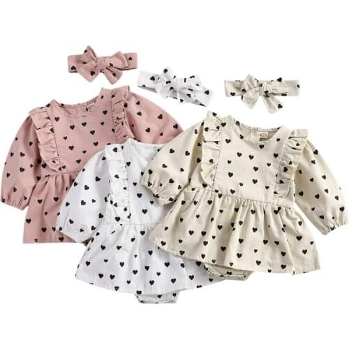 2021 Newborn Girls Loving Heart Jumpsuits Clothes Baby Cotton Rompers Long Sleeve Ruffle Children Rompers + Headband