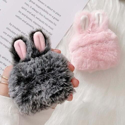 Cute Rabbit Ear Fur Case for AirPods 1 2 Wireless Charging Fluffy Box with Carabiner Girl kawaii Plush Cover for Airpods Pro Cas