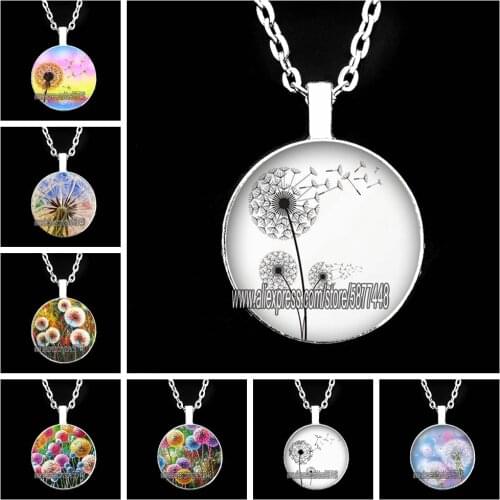 Fashion Dandelion Flower Glass Pendent Girl Necklace Beautiful Natural Plant Art Pictures Crystal Charm Chain Necklace for Women