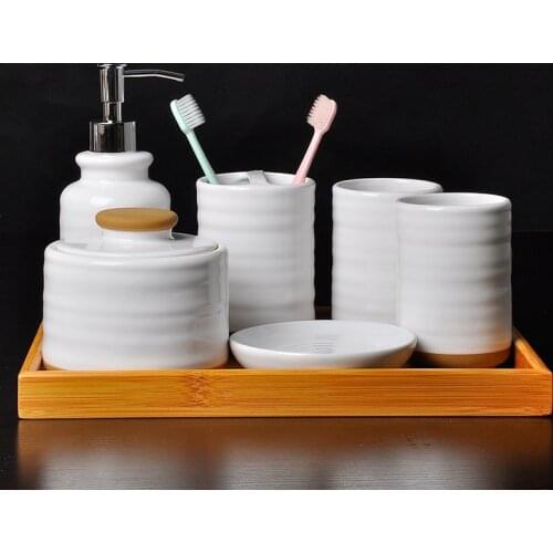 5/6/7pcs Ceramics Bathroom Accessories Set Soap Dispenser/Toothbrush Holder/Tumbler/Soap Dish with Bamboo Tray Bathroom Storage