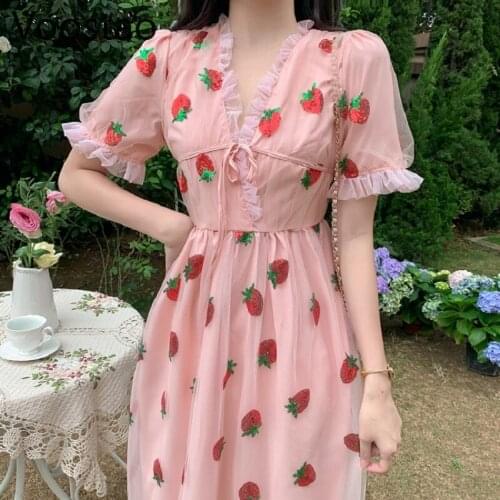 Sweet Lolita Style Dress Summer Women V-Neck Strawberry Sequins Dresses Pink Gauze Short Butterfly Sleeve Ruffles Dress Vestidos