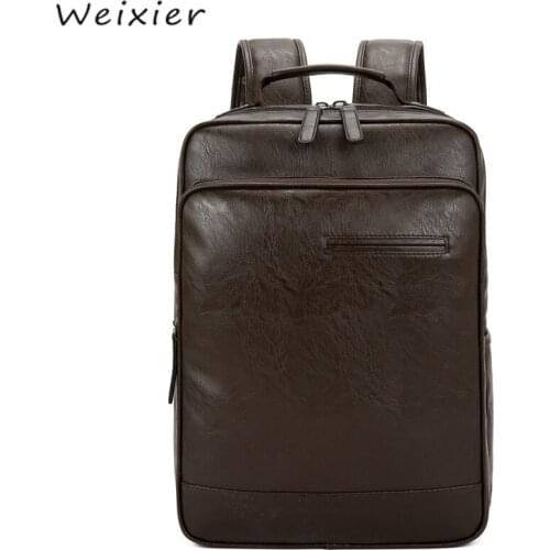 WEIXIER Casual Mens Business Large Capacity Leather Backpack Youth Travel Leisure Simple Men Shoulder High Quality Bag V6-08