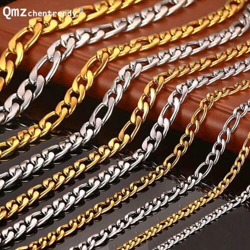 Qmzchentrendy Gold Color Stainless Steel Chain Necklace For Men Women Jewelry 3/5/7MM Trendy Long Figaro Chain Necklace Trendy