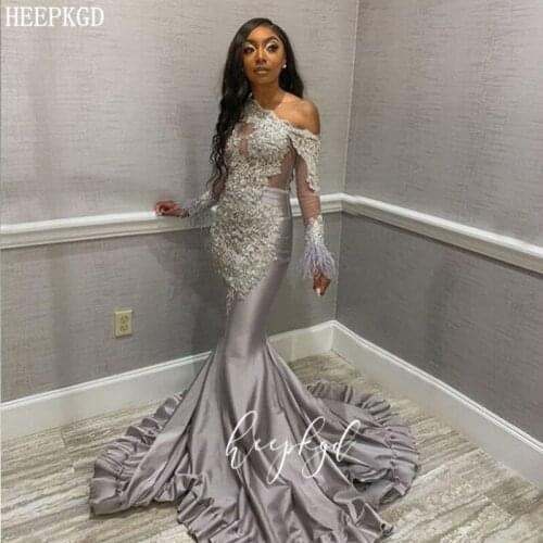 Sliver One Shoulder Mermaid African Prom Dresses With Long Sleeves Lace Satin Plus Size Black Girls Graduation Party Dress
