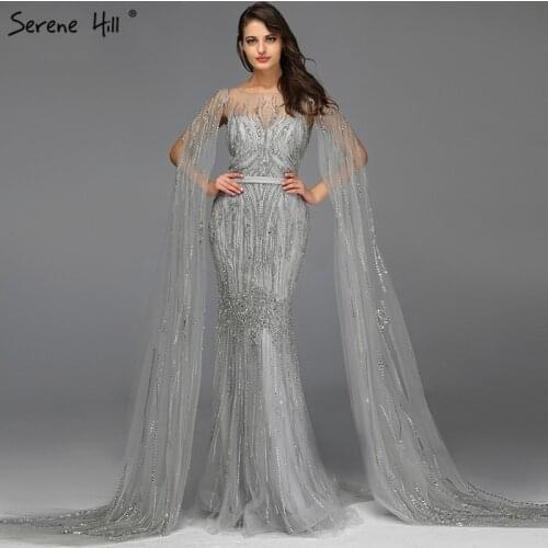 Grey Luxury Sleeveless Dubai Design Evening Dresses 2019 O-Neck Crystal Beading Sexy Evening Gowns Serene Hill DLA70160