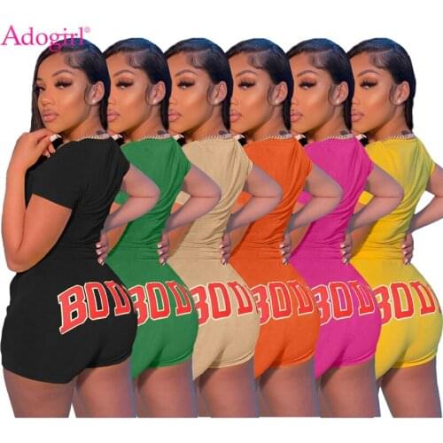 Adogirl BODY Print Women Tracksuit Casual Active Summer Two Piece Set Short Sleeve T Shirt Top Skinny Shorts Jogger Fitness Suit