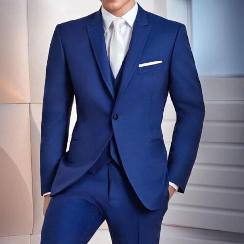 Royal Blue Wedding Tuxedo for Groom Wear Business Men Suits 3 Piece Slim Fit Peaked Lapel Male Fashion Jacket with Pants Vest