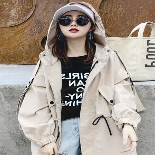 2021 Spring Autumn Fashion Kahaki Windbreaker Womens Long Loose Hooded Jacket All-match Drawstring Casual Women Trench Coat