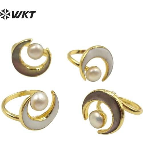 WT-R344 WKT Natural Pearl Ring Shell Ring Moon Shape Pearl ＆ Shell Gold Electroplated Ring Adjustable Women Fashion Ring Jewelry