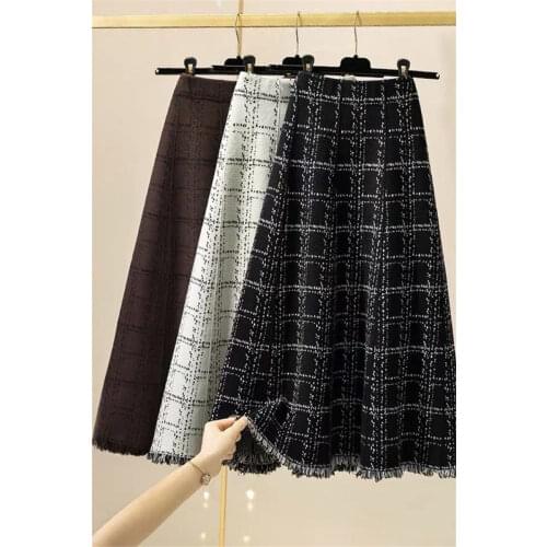 2020 New Autumn And Winter Plaid Knit Skirt Women High Waist Umbrella Mid-Length A-Line Fashion Tassel Retro Jupe Femme y670