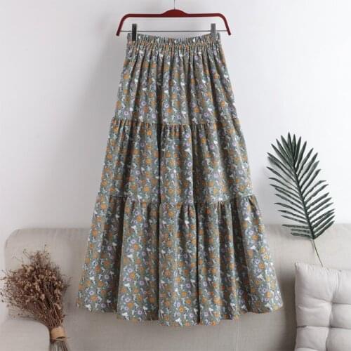 F194 Elastic Waist Big Hem Corduroy Floral Print Skirt New Autumn Winter High Waist Skirts Women