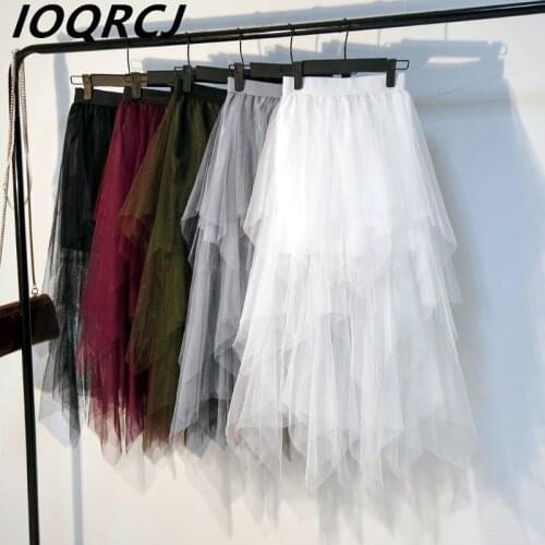 Tulle Skirts Womens Fashion Elastic High Waist Irregular Mesh Tutu Skirt Pleated Long Skirts Midi Skirt Femme spring summer 2019