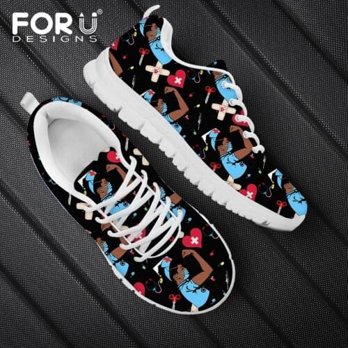 FORUDESIGNS 2021 Nursing Shoes For Women Casual Mesh Lace Up Sneaker Black Girl Nurse Pattern Spring/Autumn Black Ladies Shoes