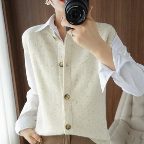 100% Pure Wool Vest Womens O-Neck Cardigan Casual Knitted Tops For Autumn and Winter New short-sleeved T-shirt Vest Waistcoat