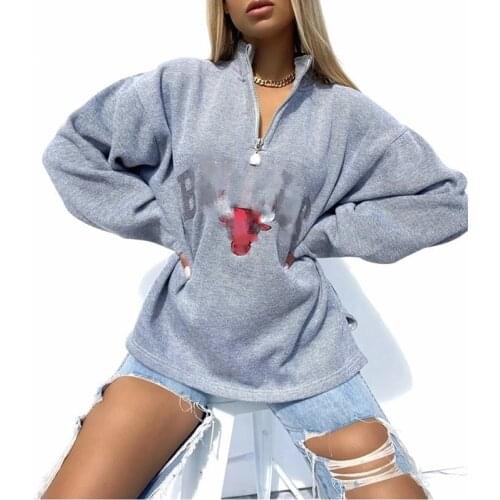 Vintage Zipper Pullover Gray Letter Print Sweatshirt Women Streetwear Casual New Brand Design Plus Size Fashion Tops French Fall