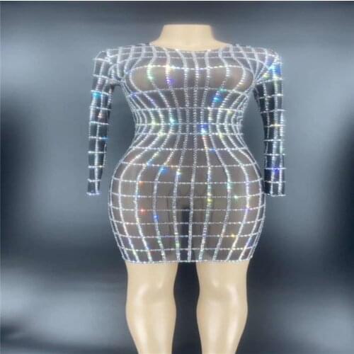 V36 Black mesh female sexy evening dress rhinestones sleeve perspective hip skirt catwalk bar wears dj crystal grid siamese bar