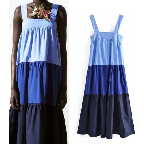 YVYVLOLO 2021 Women Vintage Blue Patchwork Casual Pleats Sling Dress Femme Chic Retro Back Elastic Poplin Boho Midi Vestido