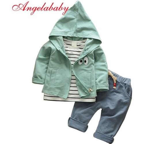 2019 autumn kids fashion clothing set childrens striped t shirt + cartoon hooded coat +pants 3 pcs suit boys and girls clothes