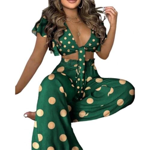 2021 Fashion Women Ladies Outfit Short Ruffle Sleeve Crop Top T-shirt Wide Leg Pants Printed Suit for Summer