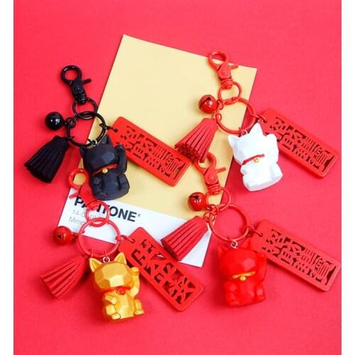 2021 Cute 3D Resin Maneki Neko Lucky Cat Fortune Tassel Keychain Key Chain Car For Women Bag Pendent Charms D510
