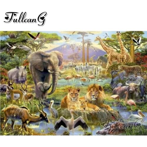 FULLCANG Elephant lion leopard animals diy 5d mosaic diamond painting full square round drill rhinestone embroidery sale FC3375