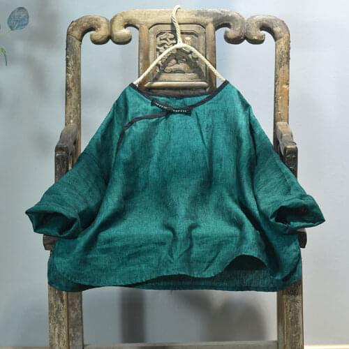 Linen T shirt Women 2021 Spring Summer O neck Contrast Color Nine Quarter Sleeve Big Size Buckle Vintage Fashion Tops Female