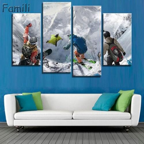 HD Printed 4 Piece Canvas Art Ice Mountain Skiing Painting Snowboard Wall Pictures for Living Room Modern Free Shipping