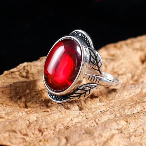 S925 pure silver retro fashion atmosphere garnet ring opening leaf bud a substituting for women