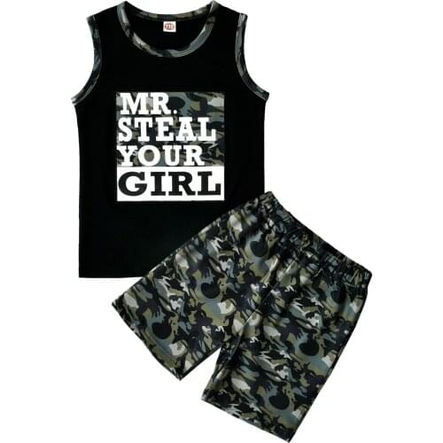 2021-03-05 Lioraitiin 0-3Years Toddler Baby Boys Summer Clothing Set Sleeveless Letter Printed Black Top Shirt Camou Pants