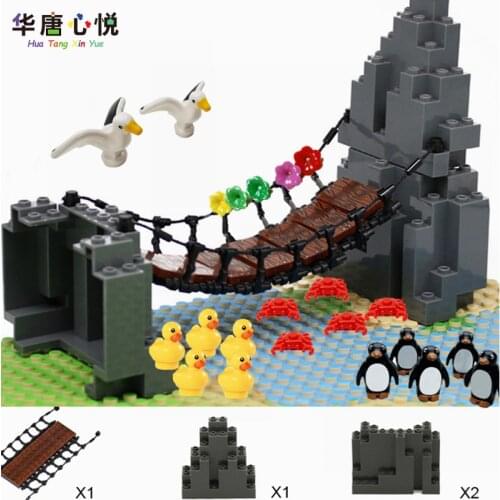 Creative MOC City Assembled Series Suspension Bridge Rockery Penguin Duck Animals Toys For Kids Christmas Gifts Cities Buildings