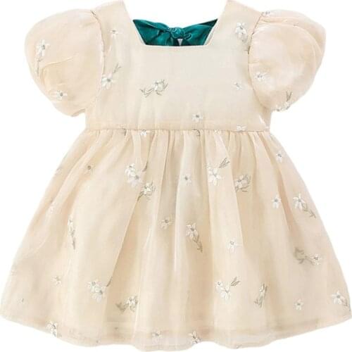 Summer Kids Dress Outfits Lace Embroidery Square Collar Girls One Piece Casual Clothes Ball Gown with Big Bow 0-5Y