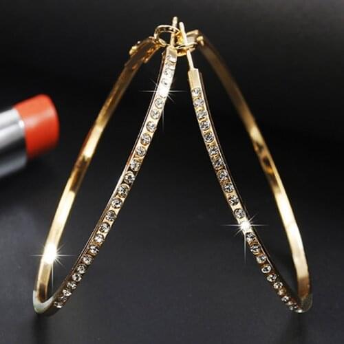 Fashion Rhinestone Large Circle Earrings Big Hoop Earrings Silver Color Crystal Round Hoop Earrings For Women Jewelry