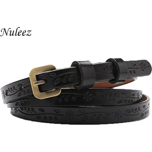 Nuleez tiny belt women genuine leather skinny belt carved flower decorated fashion jeans strap
