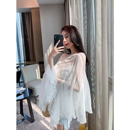 Korean Summer New O Neck Chiffon Two-piece Ruffled Long-sleeved Sunscreen Shirts Blouses Women Tops Fashion Streetwear 2021