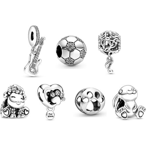 2020 New Original 925 Sterling Silver Bead Animal Soccer Music Guitar Dangle Charm Fit Pandora Bracelet Bangle DIY Women Jewelry