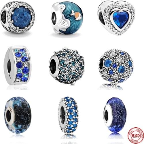 NEW original 925 sterling silver blue daisy heart nurano diy bead fit Original Pandora charm Bracelet trinket jewelry for women