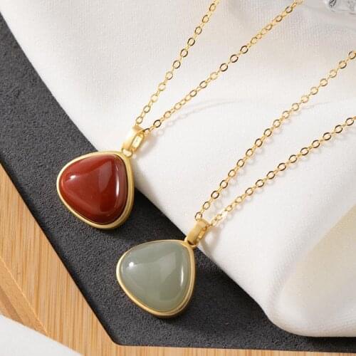 S925 Sterling Silver Gold-Plated South Red Triangle Hetian Jade High-Grade Cheongsam Necklace Elegant Retro Chinese Style