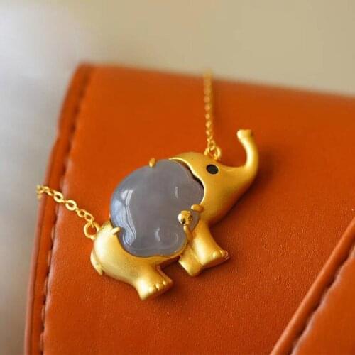 Natural Hetian ash Jade Elephant Pendant Necklace Chinese style retro creative dull Cute Charm womens silver brand jewelry