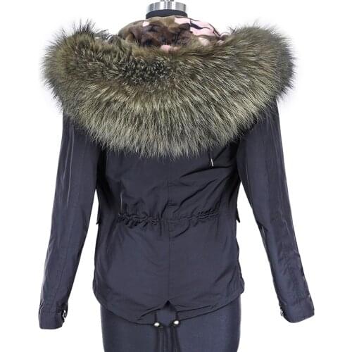Parka rabbit hair, lined with faux fur, army green, artificial leather, winter jacket with collar made of natural winter seeds