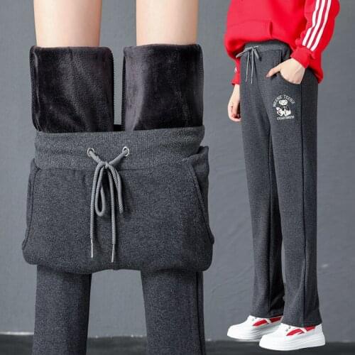 Casual Elastic High Waist Women Winter Pants Korean Fashion Bear Embroidery Velvet Warm Sweatpant Loose Straight Cotton Trousers