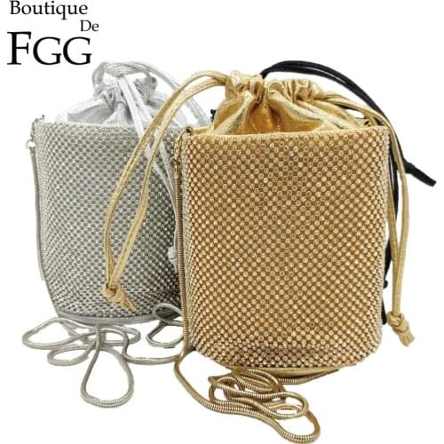 Boutique De FGG Luxury Crystal Women Bucket Purses Evening Clutch Bags Copper Chains Shoulder Handbags Crossbod Bag